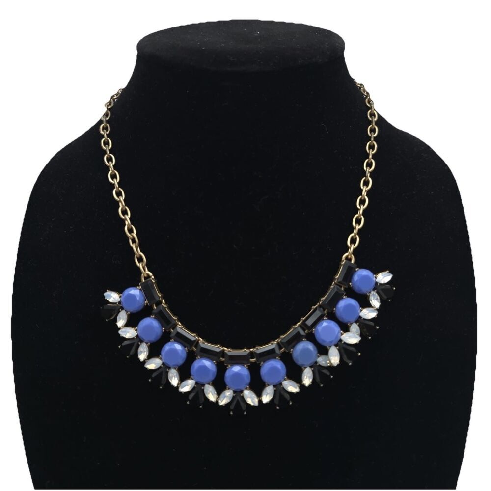 J.CREW Multi Pendant Statement Necklace Black Blue Clear Crystal Gold Tone Chain